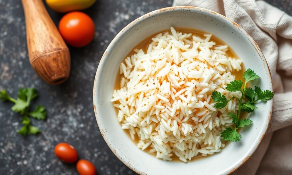 Flavorful chicken broth rice cooked step-by-step for delicious meals.