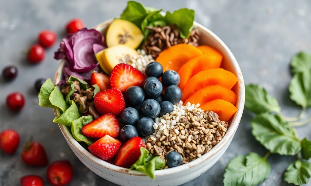 وعاء فيتاليتي بألوان زاهية وفواكه طازجة، غذاء غني—Supercharge Your Day مع Vitality Bowls.