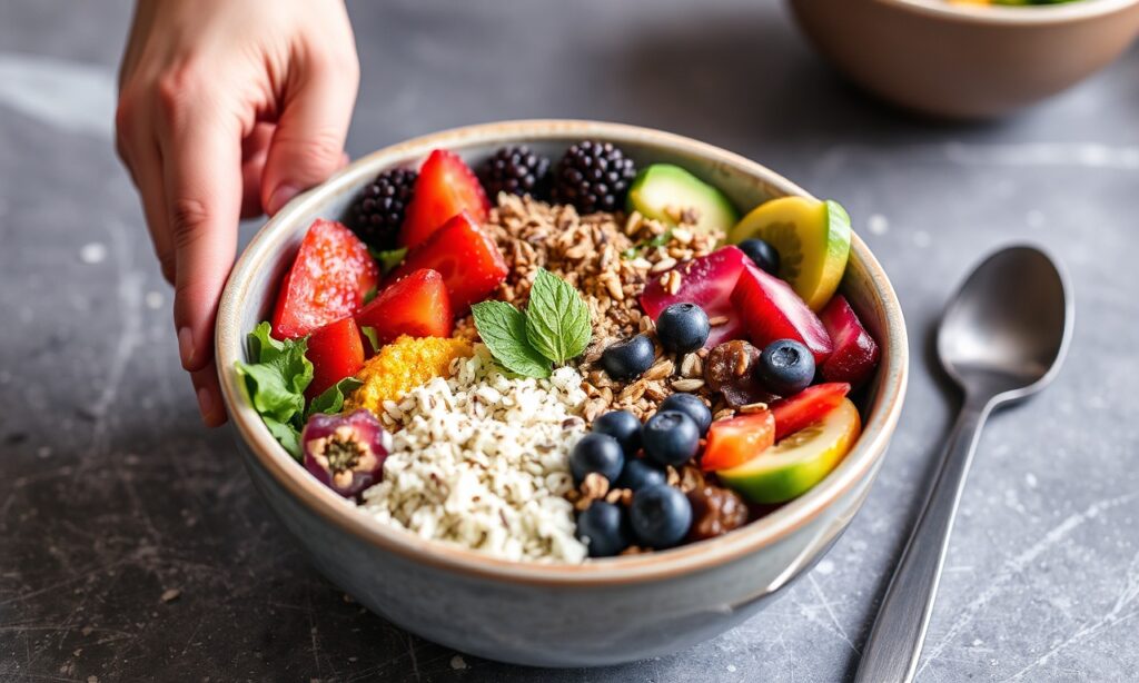وعاء فيتاليتي بألوان زاهية وفواكه طازجة، غذاء غني—Supercharge Your Day مع Vitality Bowls.