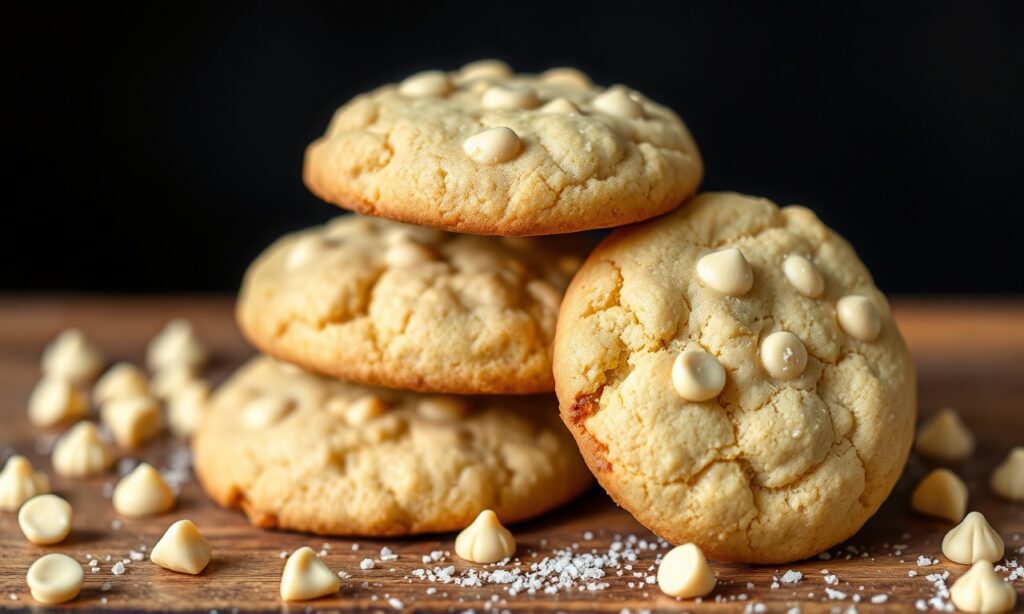 White chocolate chip cookies with creamy dough and a cup of tea on the side