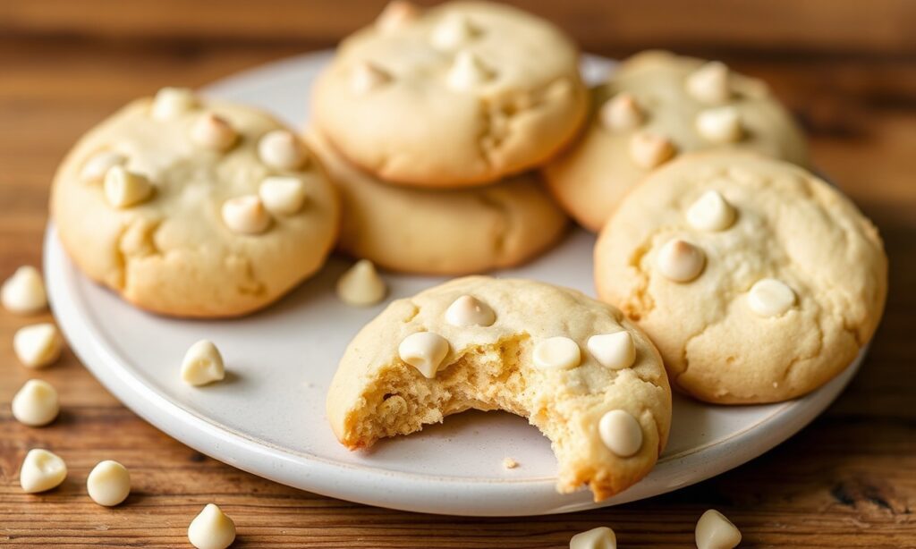 Melted white chocolate chips and buttery cookie dough texture