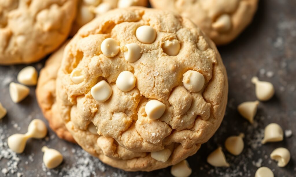 Golden white chocolate chip cookies cooling on a tray