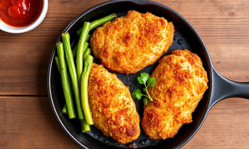 Oven-baked breaded chicken cutlet slices that look crispy and juicy