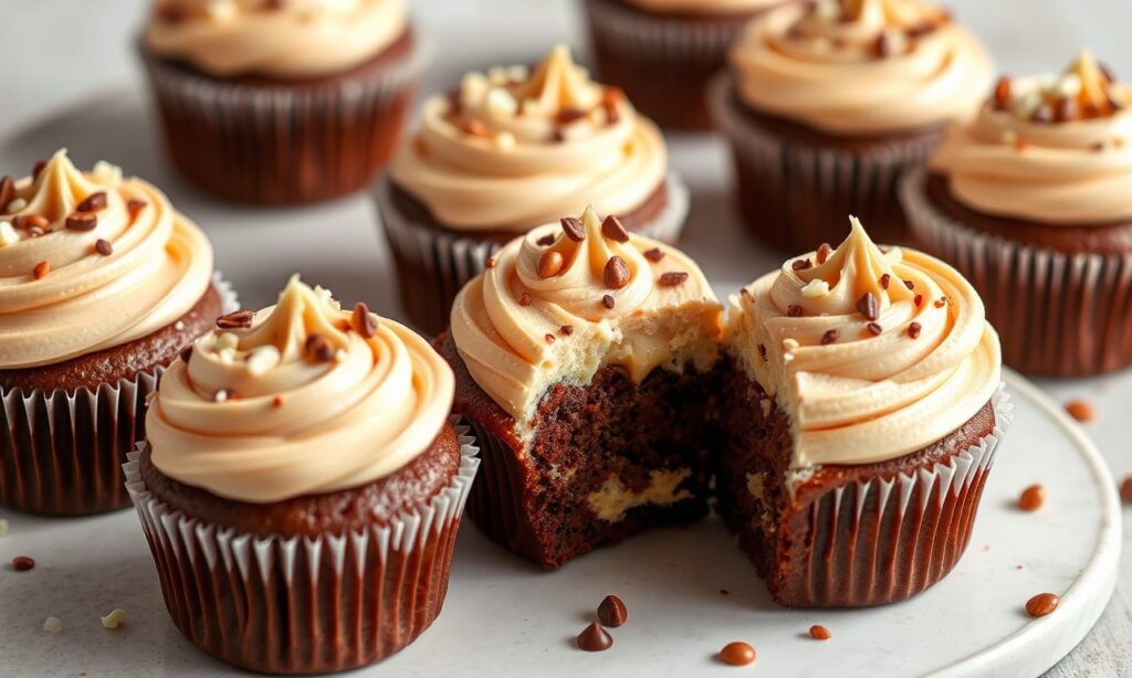 Reese's cupcake with peanut butter and chocolate drizzle