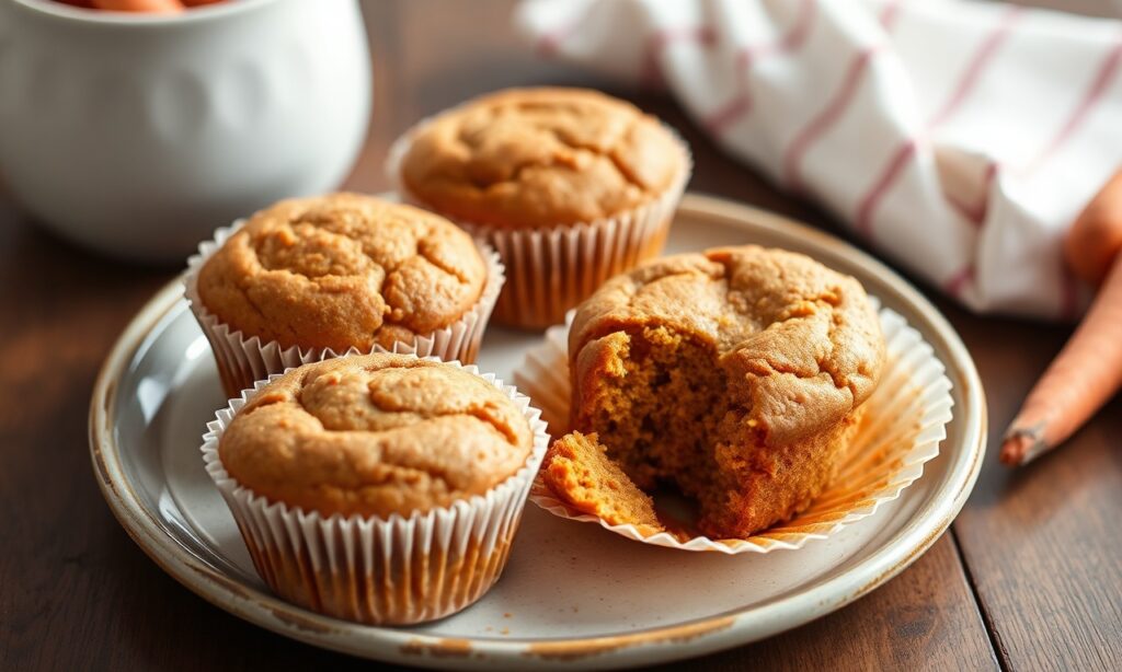 Baked carrot cake muffins with warm spice and moist interior, ideal for breakfast or dessert.