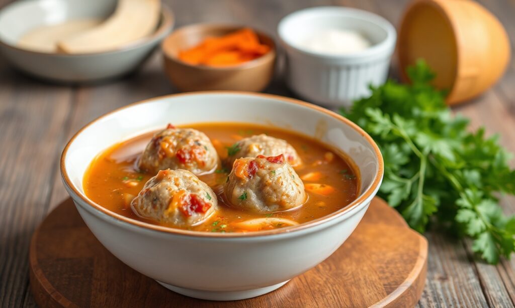 A warm bowl of savory meatball soup with tender meatballs and greens