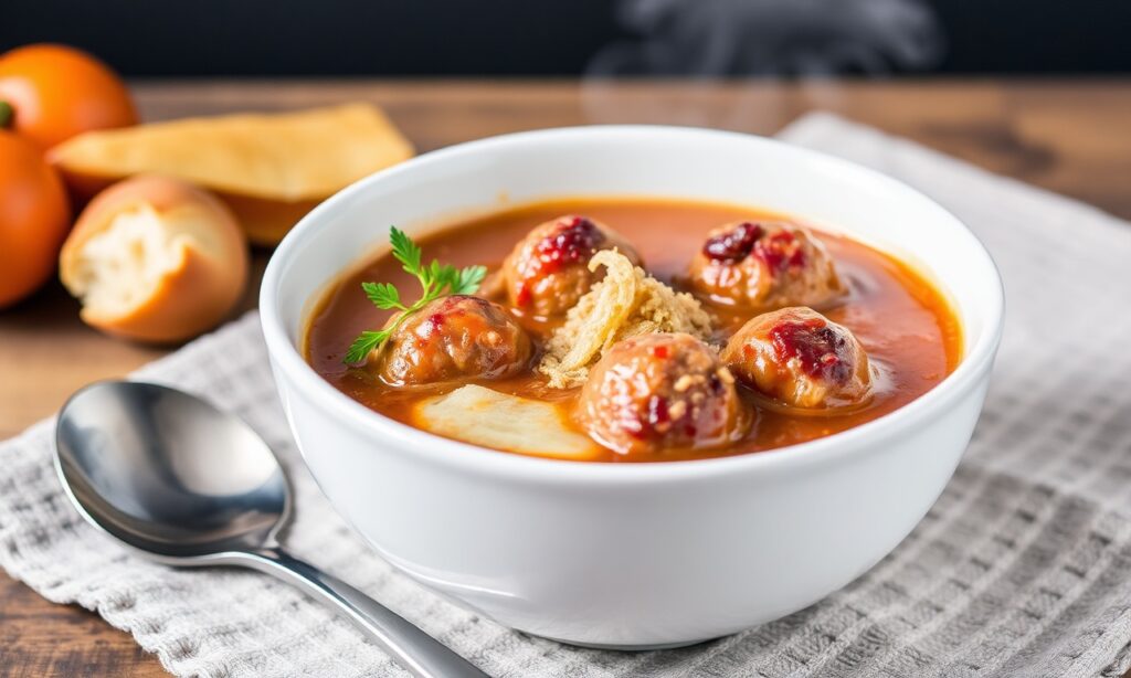 Another view of savory meatball soup served hot