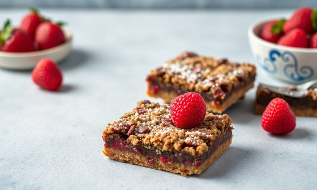 Decadent Raspberry chocolate crumb bars: a sweet, rich delight.