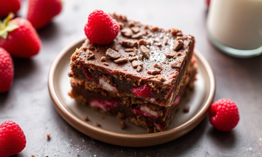 Decadent Raspberry chocolate crumb bars: a sweet, rich delight.