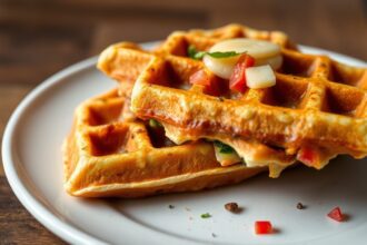 Crispy savory veggie waffles: a delicious flavor-packed delight.