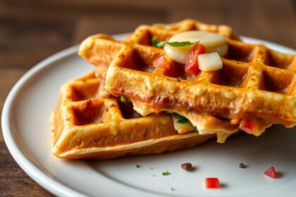 Crispy savory veggie waffles: a delicious flavor-packed delight.