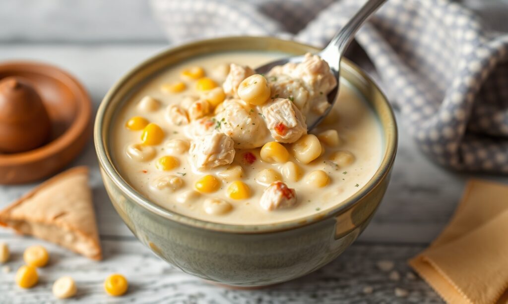 Hearty creamy chicken corn chowder, a comforting bowl.