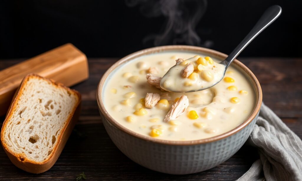Hearty creamy chicken corn chowder, a comforting bowl.