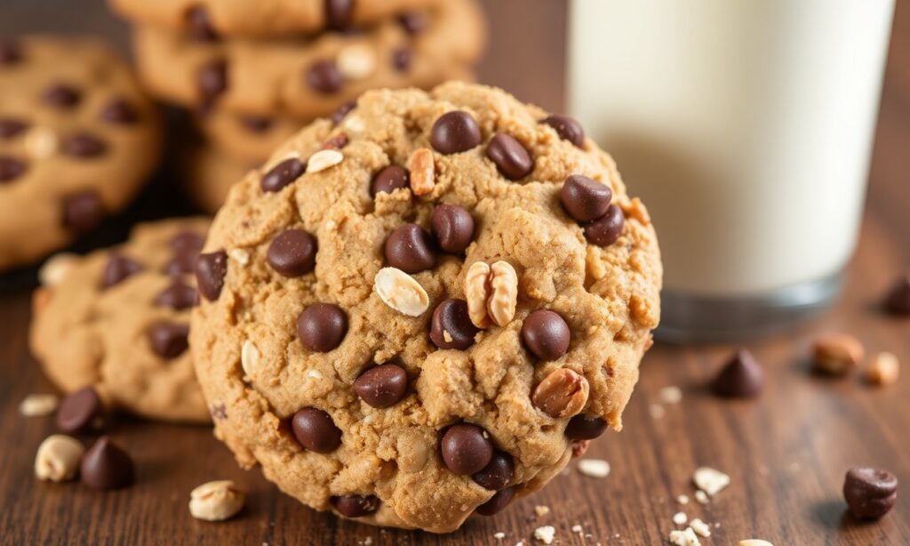 Delicious Monster Cookies: gooey chocolate chips, oats, and crunchy nuts.