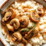 Creamy mushroom chicken and rice comfort food classic.