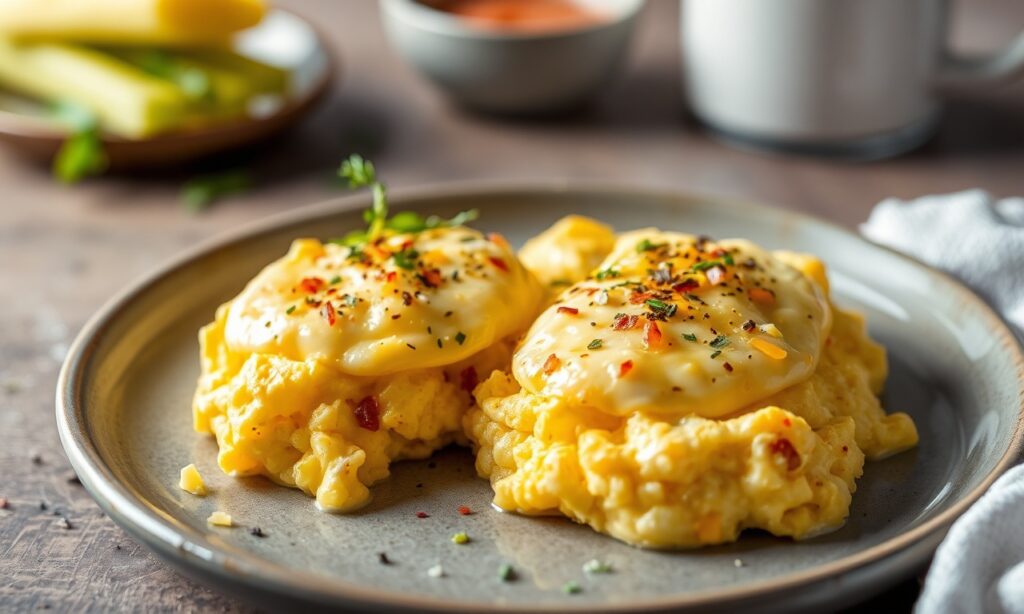 Creamy cheesy scrambled eggs for a fresh breakfast classic.