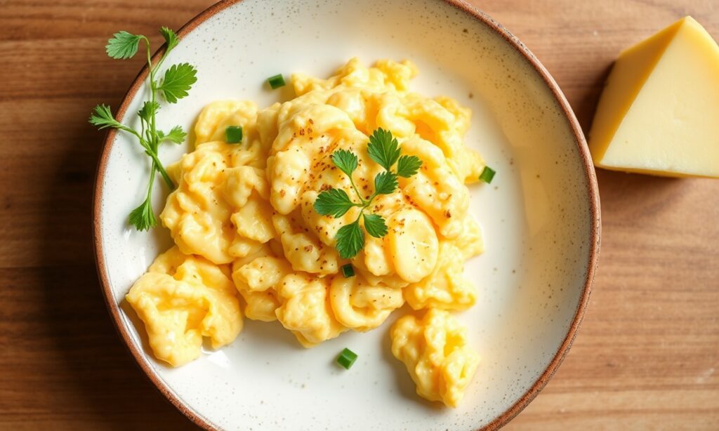 Cheesy scrambled eggs: Creamy, fluffy breakfast classic.