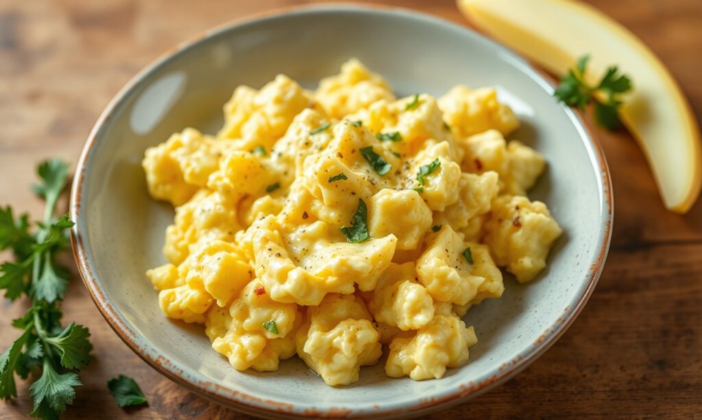 Cheesy scrambled eggs: Creamy, fluffy breakfast classic.
