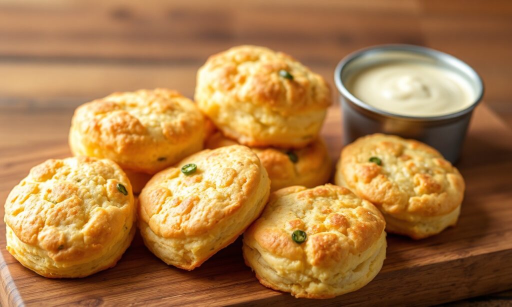 Spicy Jalapeno Cheddar biscuits, golden and fluffy, offering comfort and flavor.