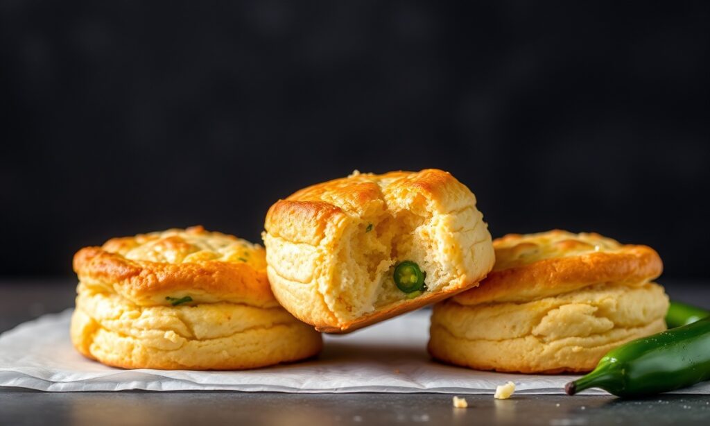 Spicy Jalapeno Cheddar biscuits, golden and fluffy, offering comfort and flavor.