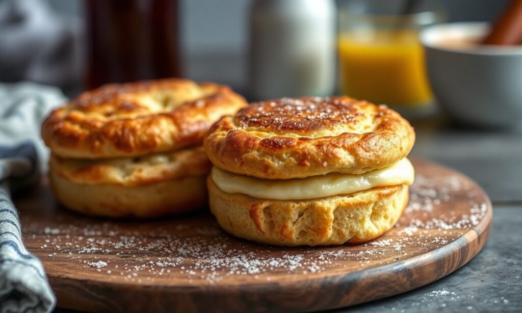 Unlocking irresistible charm: Toasted English muffin with butter.