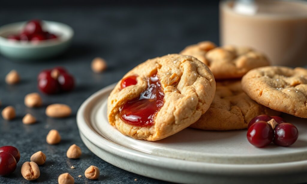 Delightful soft chewy peanut butter jelly cookies recipe.