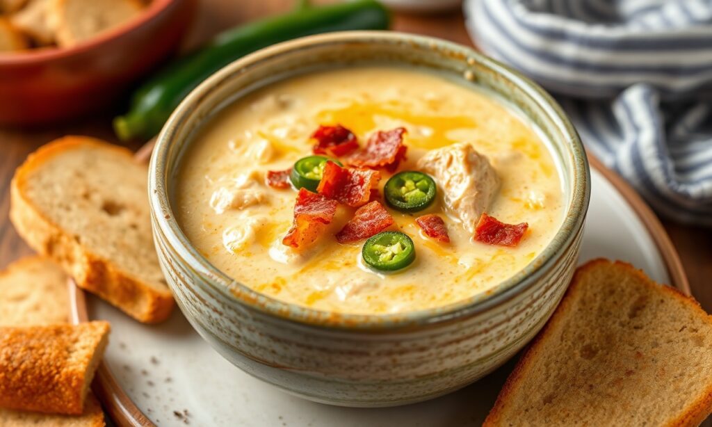 Creamy jalapeño chicken soup: ultimate cozy dinner recipe.