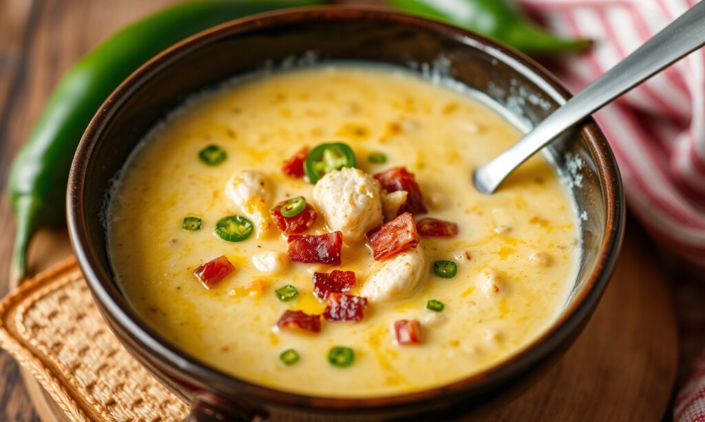 Creamy jalapeño chicken soup: ultimate cozy dinner recipe.