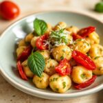 Sunny gnocchi with pesto and sun-dried tomatoes.