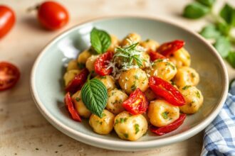 Sunny gnocchi with pesto and sun-dried tomatoes.