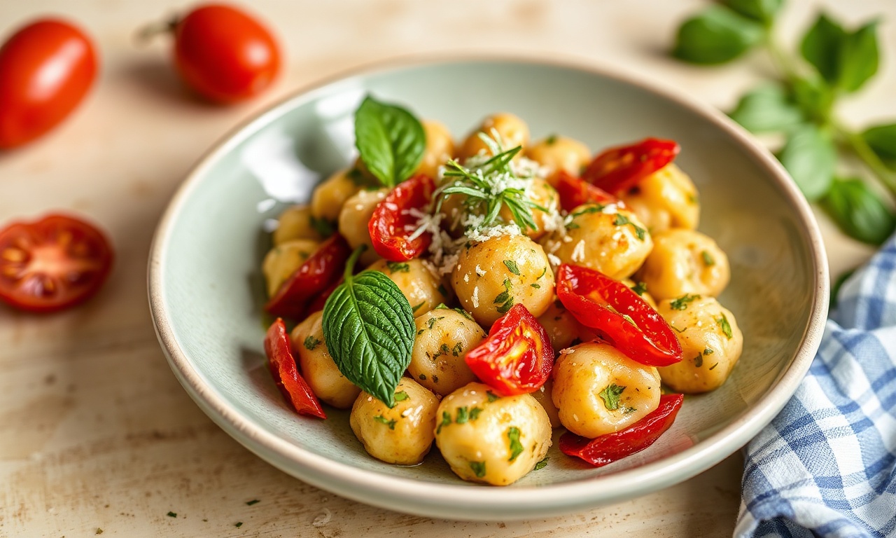 Sunny gnocchi with pesto and sun-dried tomatoes.