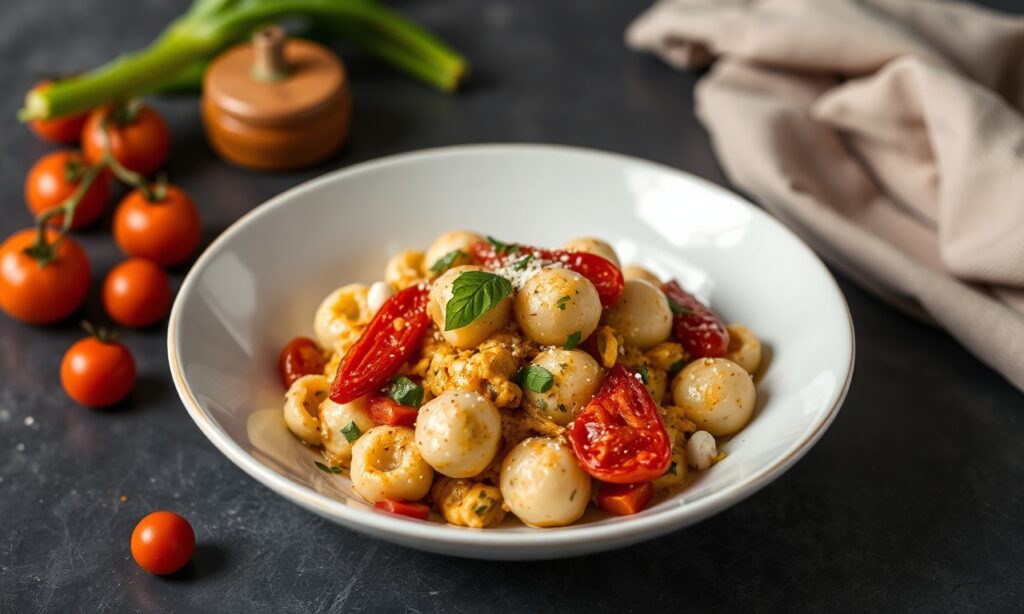 Sunny gnocchi with pesto and sun-dried tomatoes, a flavorful dish.
