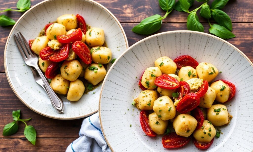 Sunny gnocchi with pesto and sun-dried tomatoes, a Mediterranean delight.