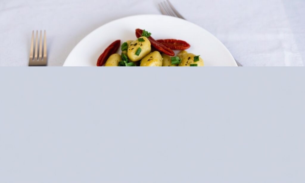 Sunny gnocchi with pesto and sun-dried tomatoes, a Mediterranean delight.