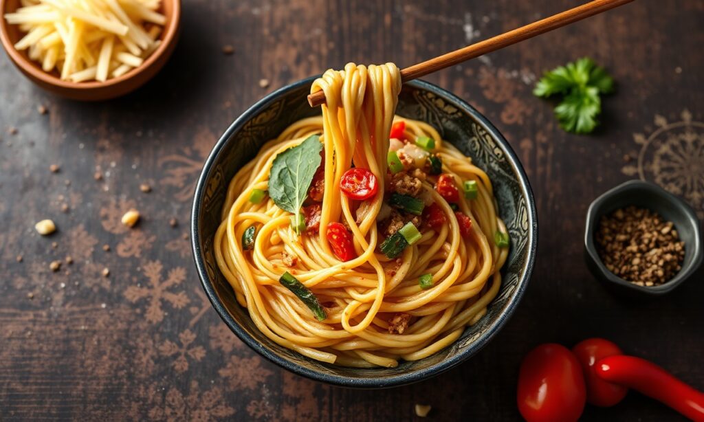 Authentic Lo mein noodles: classic Chinese cuisine, flavorful and timeless taste.