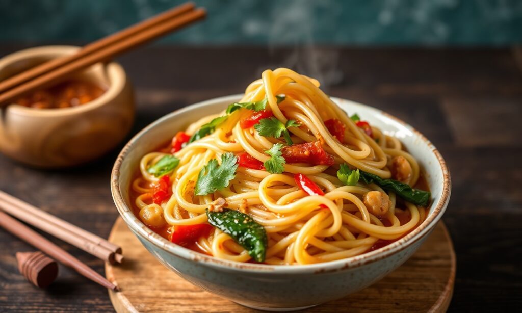 Authentic Lo Mein noodles: savory, vibrant, classic Chinese cuisine delight.