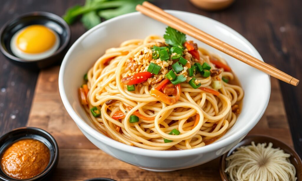 Authentic Lo Mein noodles: savory, vibrant, classic Chinese cuisine delight.