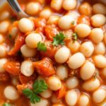 Favorite heavenly white beans in tangy tomato herb sauce.