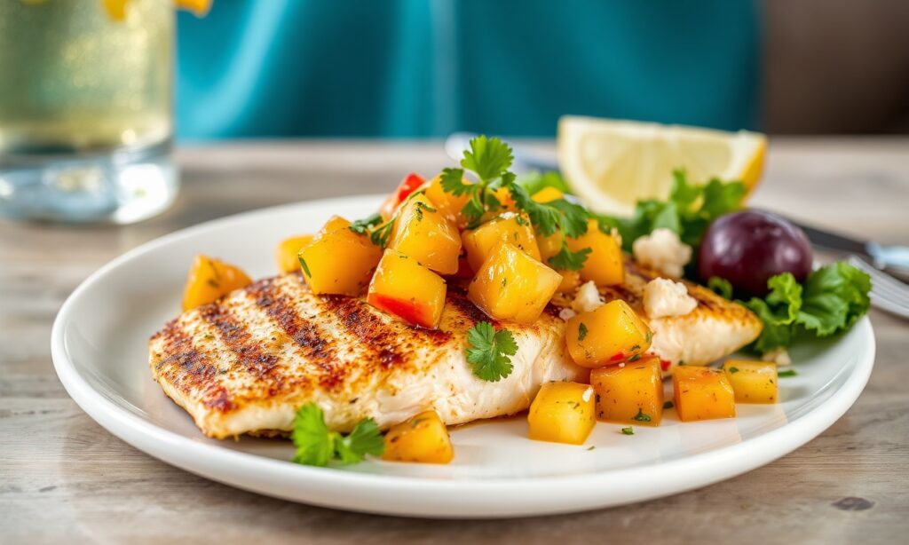 Savor Summer: Grilled tilapia with zesty peach salsa.
