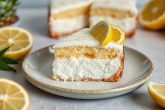 Epic Zesty lemon coconut slice, a delicious dessert.