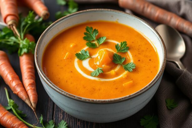 Velvety carrot and coriander soup, a delicious and creamy delight.