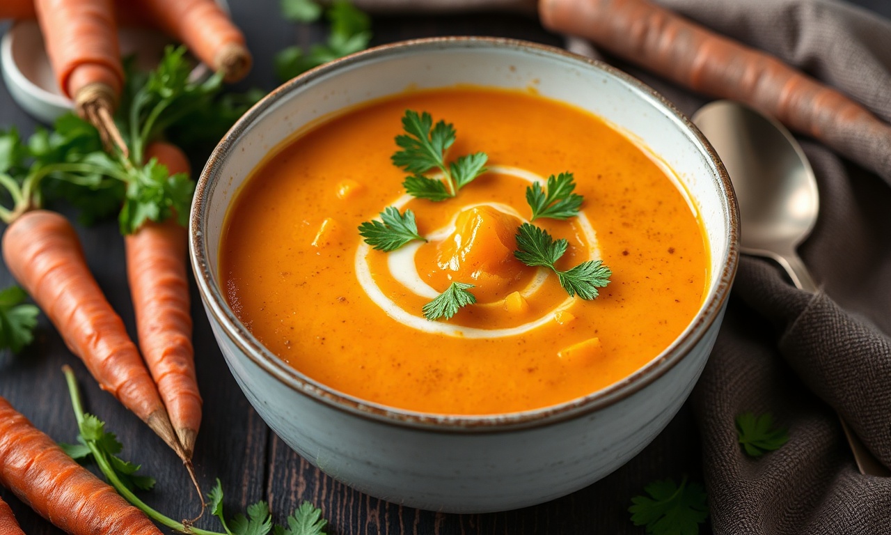Velvety carrot and coriander soup, a delicious and creamy delight.