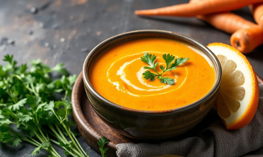 Velvety carrot and coriander soup: warming, flavorful delight.