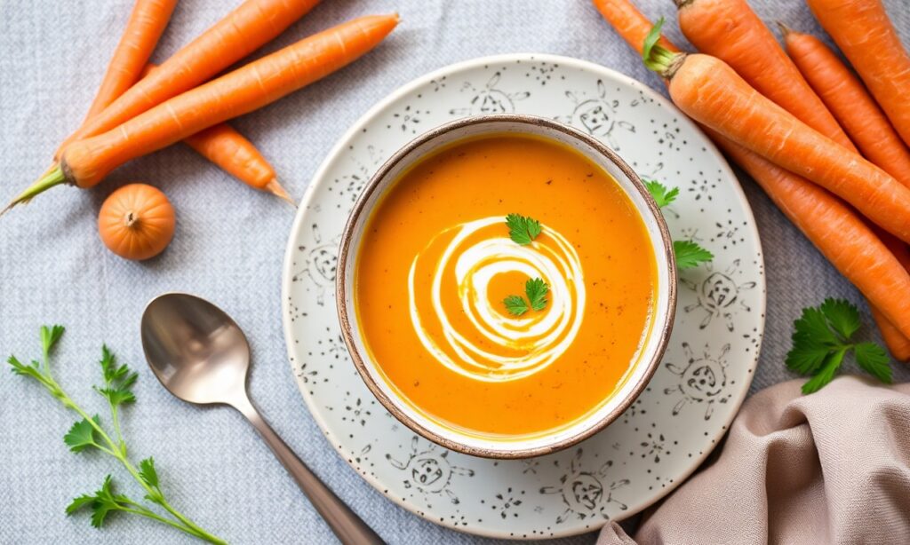 Velvety carrot and coriander soup: warming, flavorful delight.
