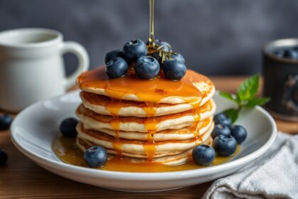 Fluffy vegan blueberry pancakes: a delicious plant-powered treat.