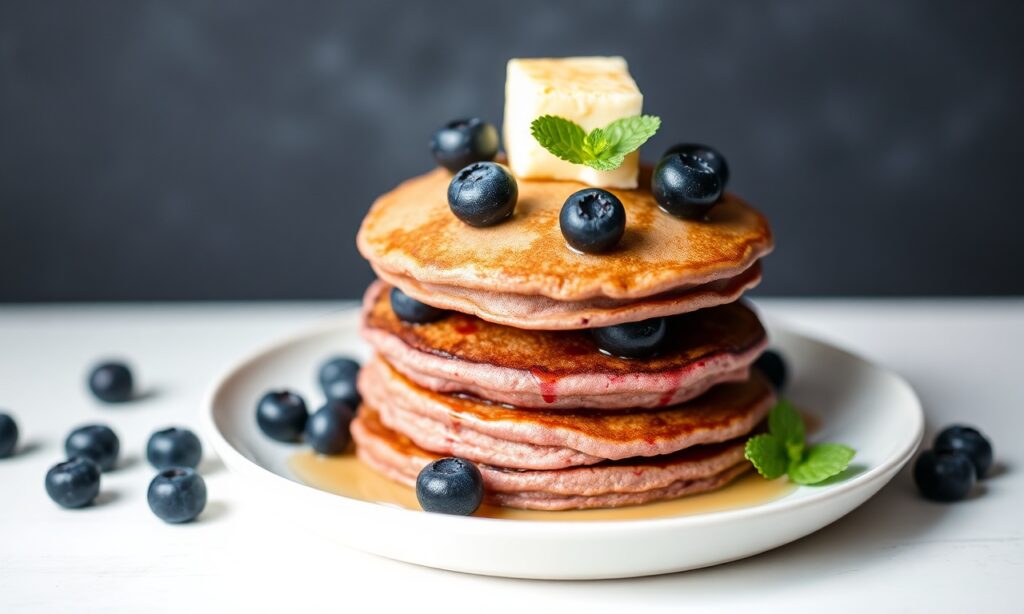 Fluffy vegan blueberry pancakes: delicious plant-powered breakfast treat.
