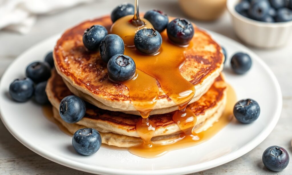 Fluffy vegan blueberry pancakes stack with syrup.