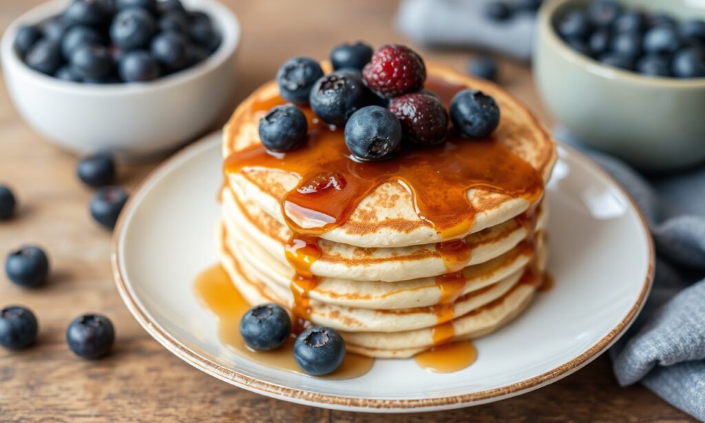 Fluffy vegan blueberry pancakes stack with syrup.