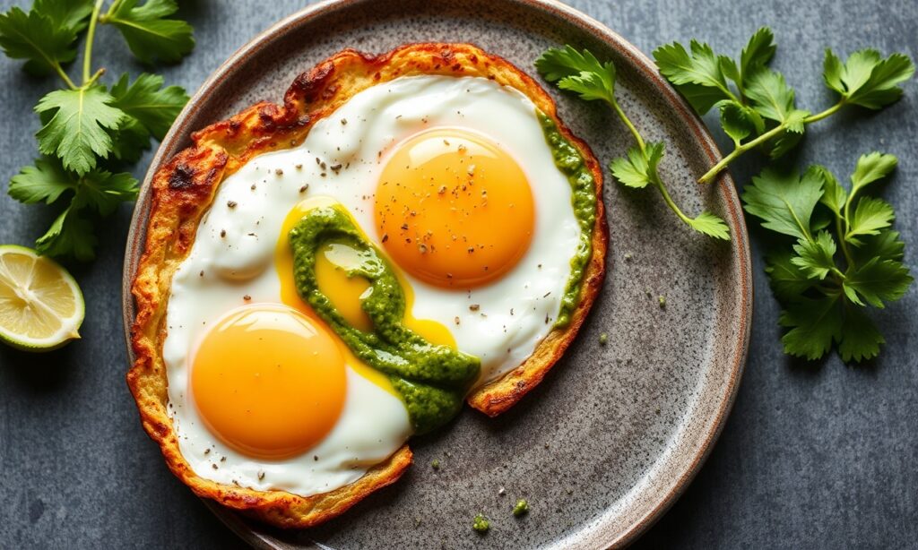 Pesto fried eggs: Elevate breakfast with this flavorful recipe.