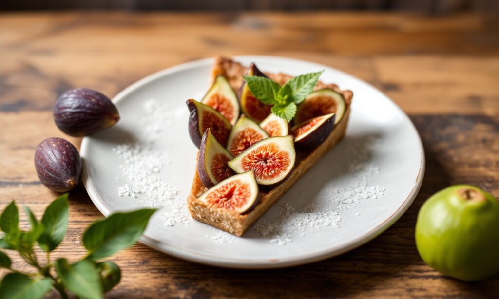 Delightful fig tart with almond, rustic artisan dessert.